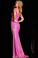 Back view of model in Jovani 37452 pink glitter gown highlighting elegant design and silhouette.