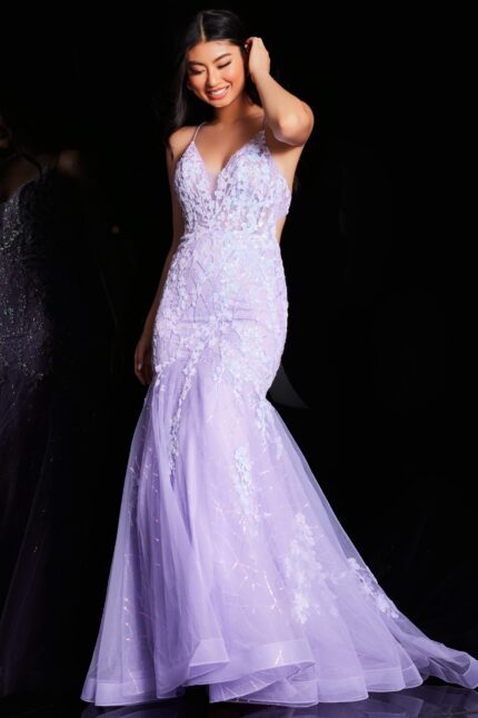 Model wearing Jovani 37487 lilac mermaid gown front view