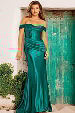 Model in Jovani 37521 green gown, off-the-shoulder with floor-length design.
