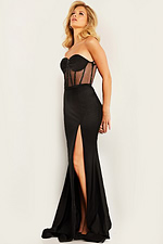Model in Jovani 37527 black gown with high slit and elegant sweetheart neckline, front view.