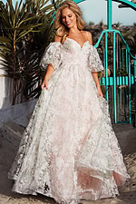 Front view of model in Jovani 37531 pink floral lace gown.