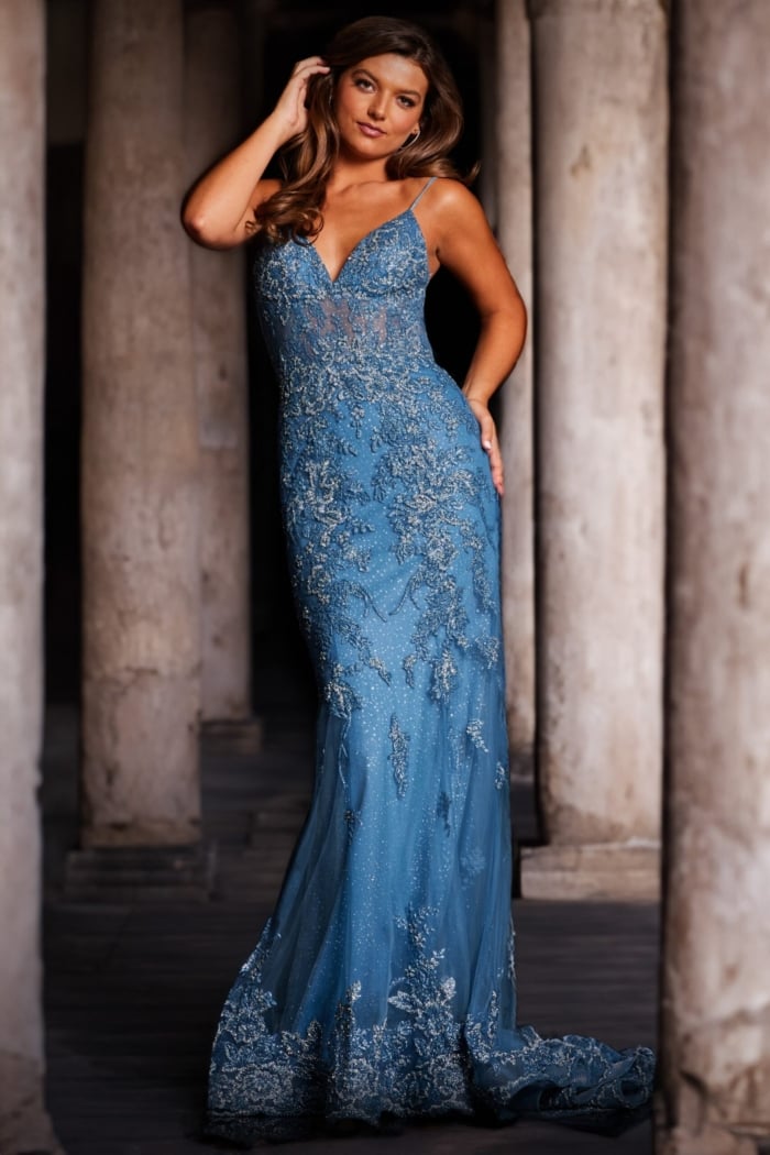 Jovani 37595 blue gown back view showcasing details