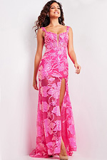 Hot Pink Sequin Plunging Neck Dress 38462 | Jovani