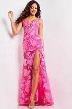Model wearing Jovani 38462 hot pink gown with floral embroidery and high slit, additional front view.