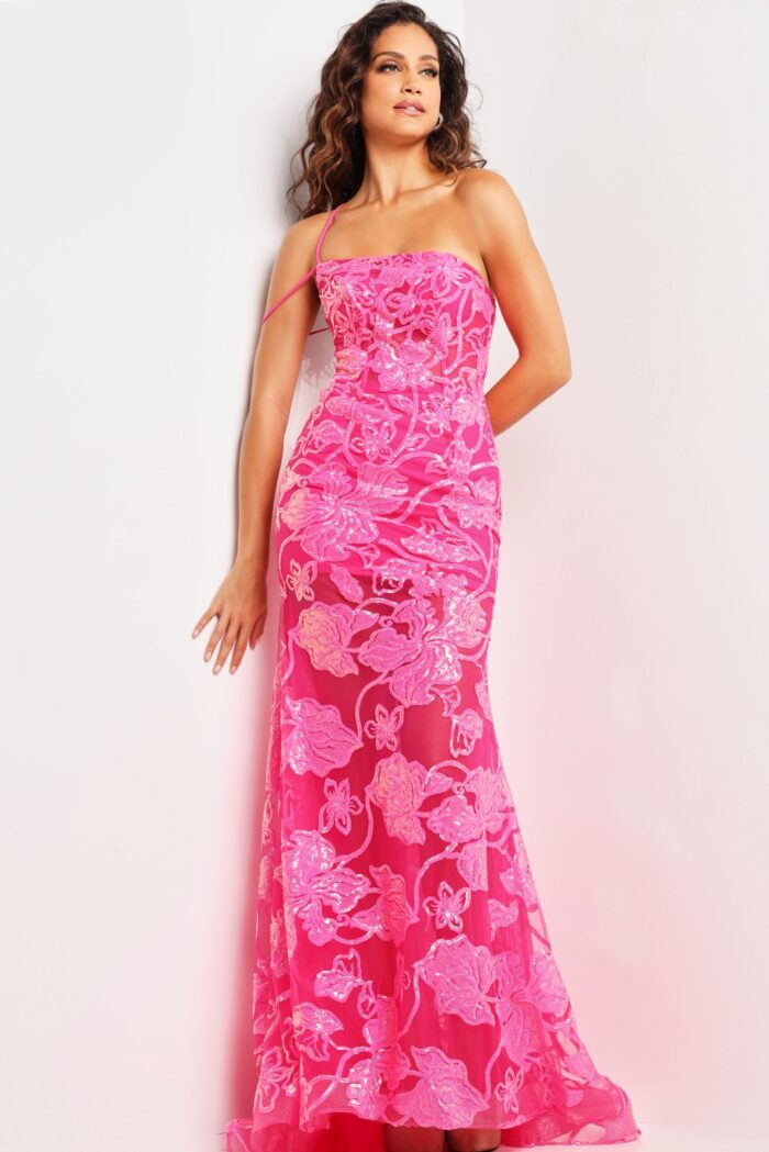 Model wearing Jovani 38463 pink gown with floral embroidery, front view.