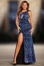 Model wearing Jovani 38471 black dress with one-shoulder cut-out and high slit, front view.