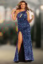 Model wearing Jovani 38471 black dress with one-shoulder cut-out and high slit, front view.