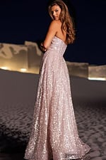 Back view of Jovani 38607 blush gown, showcasing elegant silhouette.