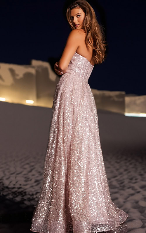 Back view of Jovani 38607 blush gown, showcasing elegant silhouette.