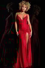 Model wearing Jovani 38817 stunning red dress with V-neckline and high slit