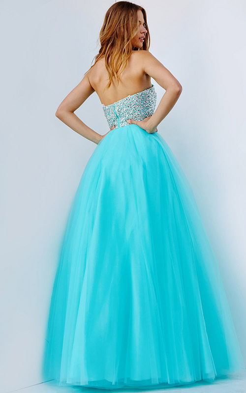 Back view of Jovani 52131, a blue strapless gown with a sparkling bodice and tulle skirt.