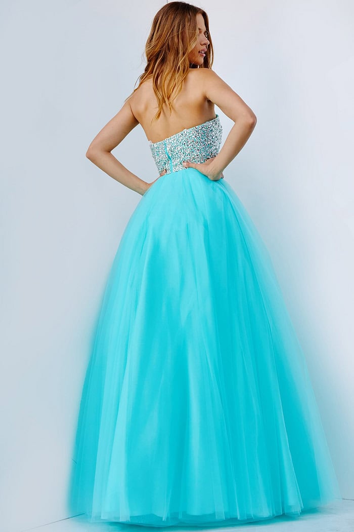 Back view of Jovani 52131, a blue strapless gown with a sparkling bodice and tulle skirt.