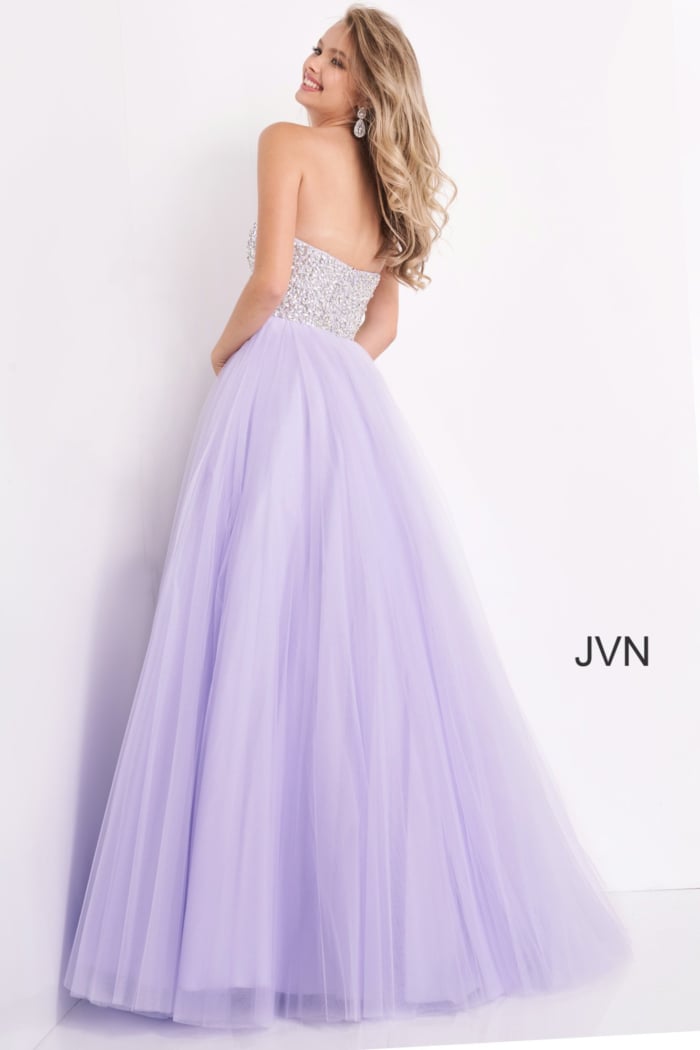 Back view of Jovani 52131, a lilac strapless gown with a sparkling bodice and tulle skirt.