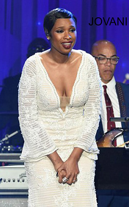 Model wearing Jennifer Hudson Wears Jovani to the 2017 Pre-Grammy Gala Salute to Industry Icons