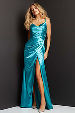 Elegant Jovani 03104 teal gown with ruched bodice and high slit.