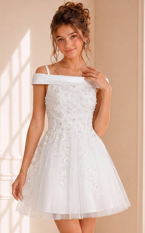 beaded fit and flare short white dress K00361