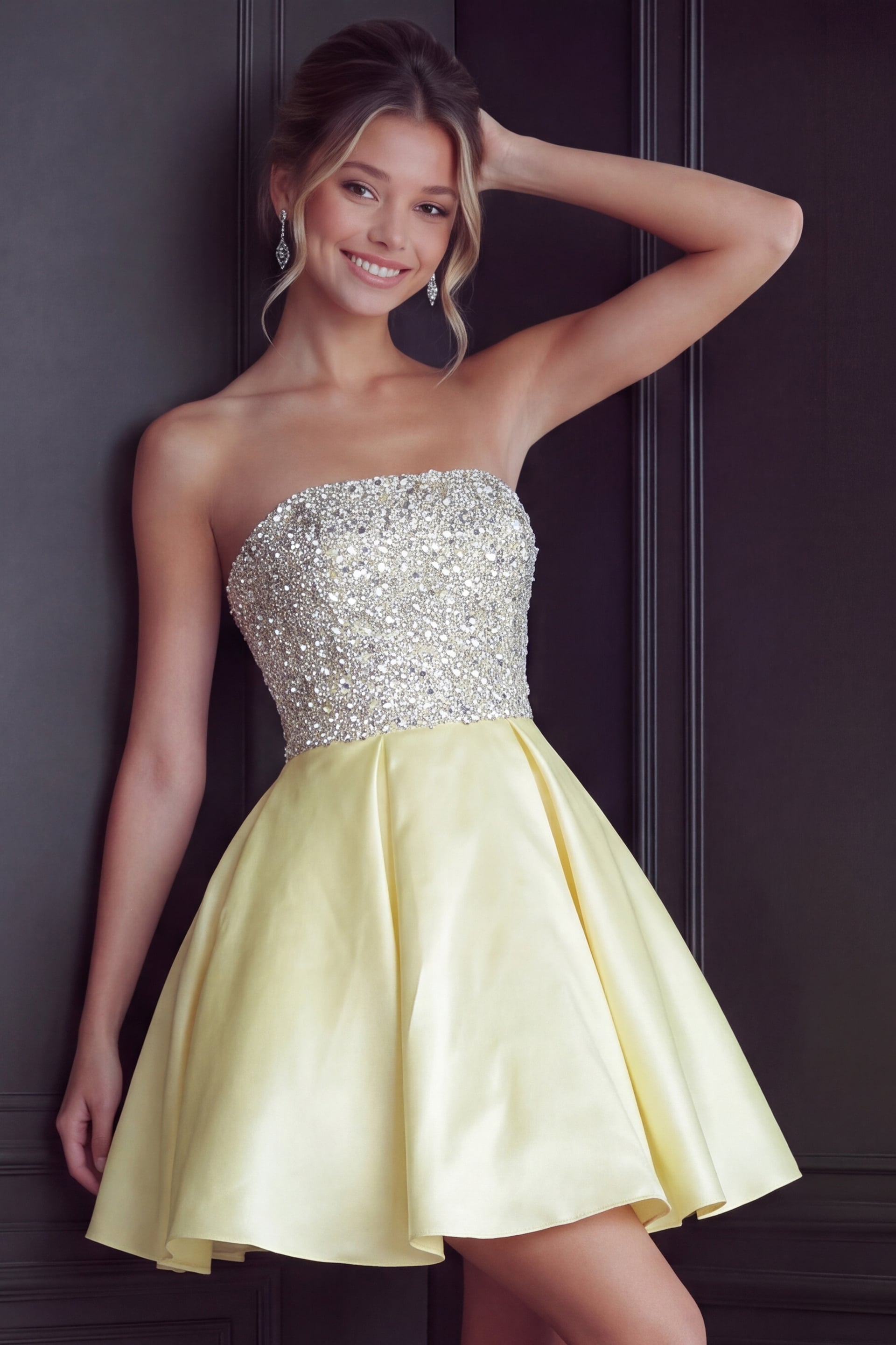 beaded yellow dress with flare skirt