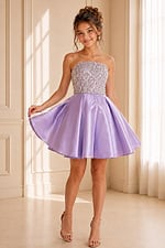 lilac satin fit and flare girls dress with crystal beaded strapless bodice, front view