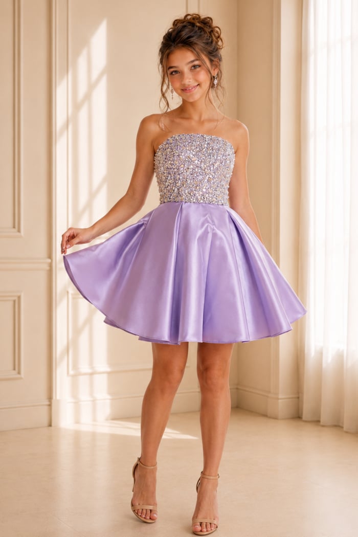 lilac satin fit and flare girls dress with crystal beaded strapless bodice, front view