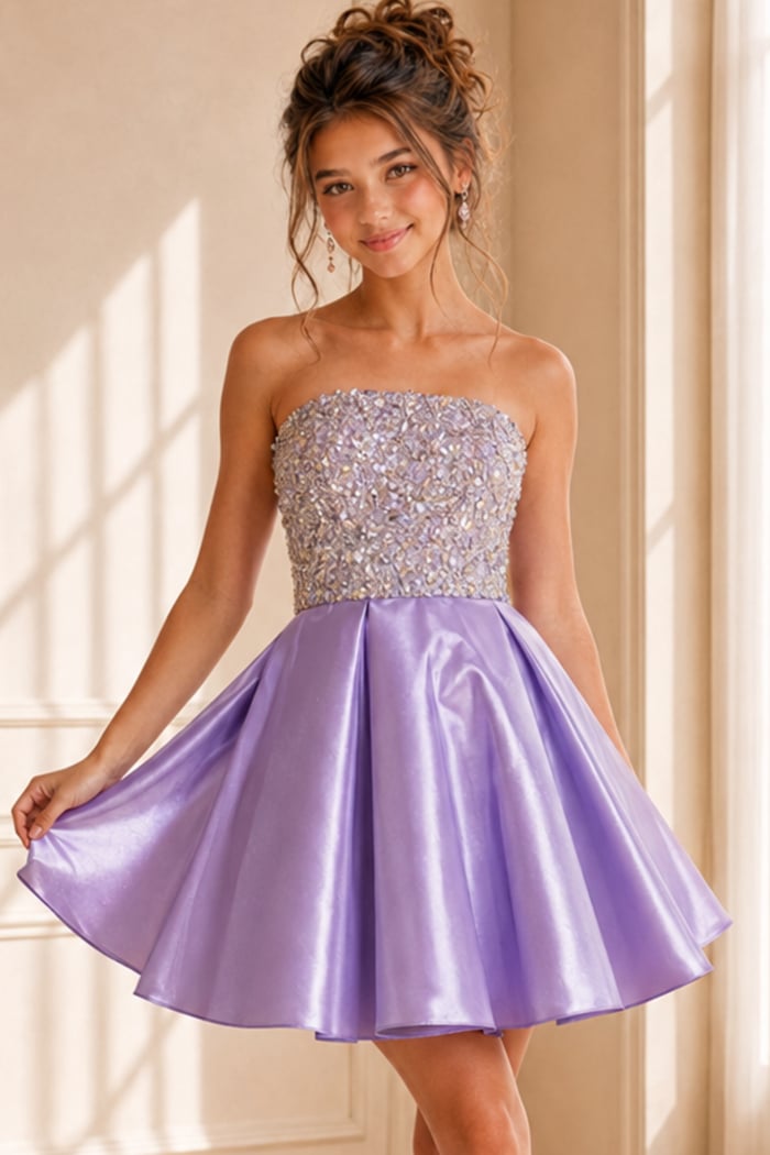 lilac satin party dress with sparkling silver beaded bodice and full a-line skirt