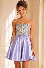back view of lilac satin fit and flare dress with beaded bodice and zip back
