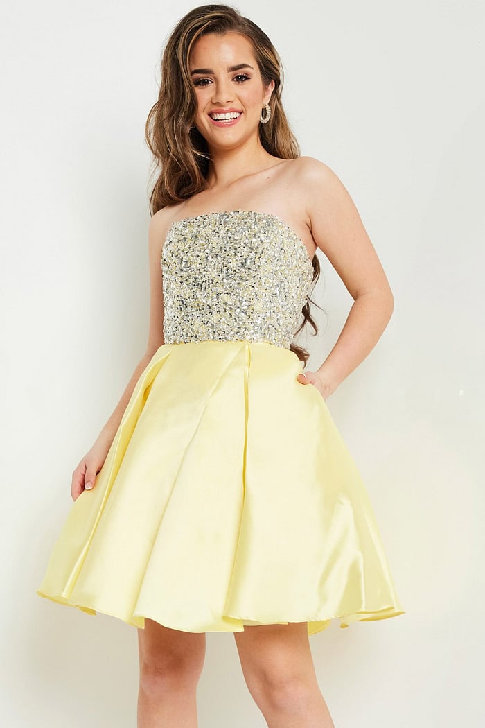 Model wearing K00722, yellow A-line gown