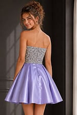 back view of lilac satin strapless dress with beaded bodice