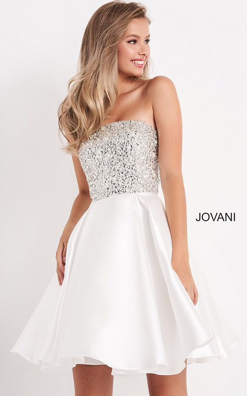 Model wearing K00722 in white with beaded bodice