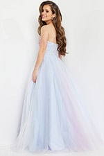 model wearing Jovani K02229 blue back view gown with elegant tulle skirt