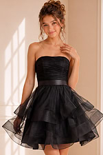 model wearing K03524 Black dress showing front view