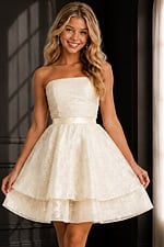 champagne glitter party dress with pleated strapless bodice and double tier skirt