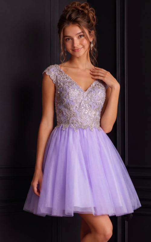 model wearing K04711 at the back view with lilac dress