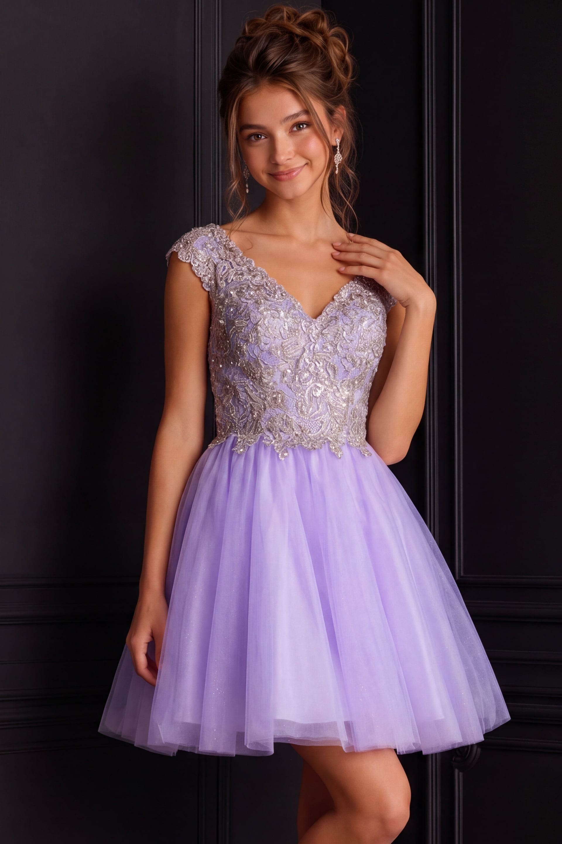 K04711-9 model wearing K04711 at the back view with lilac dress