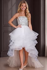 white high low dress with crystal beaded bodice and tiered tulle ruffle skirt