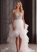 white beaded bodice high low dress with cascading tulle ruffles