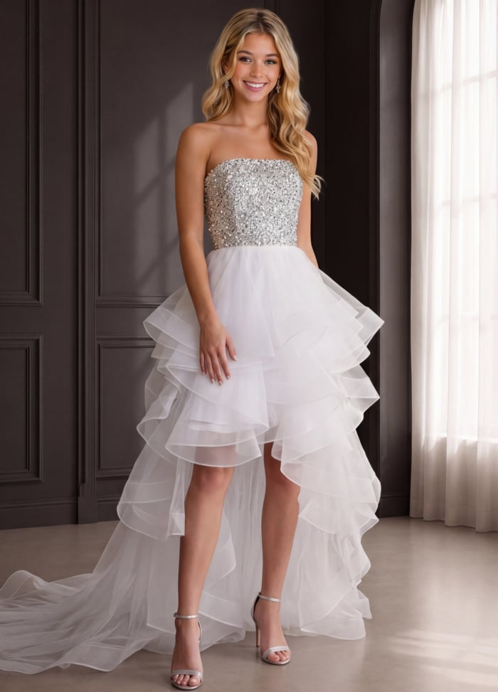 white high low fit and flare dress with sparkling beaded bodice, full length front view