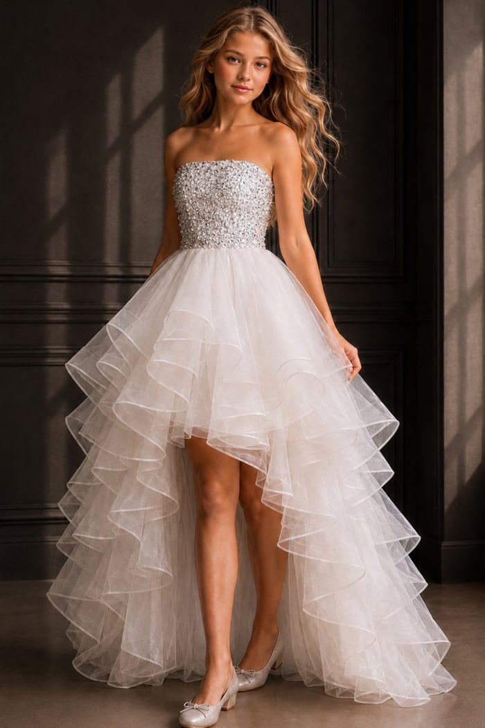 white strapless high low dress with embellished bodice and tiered organza ruffles