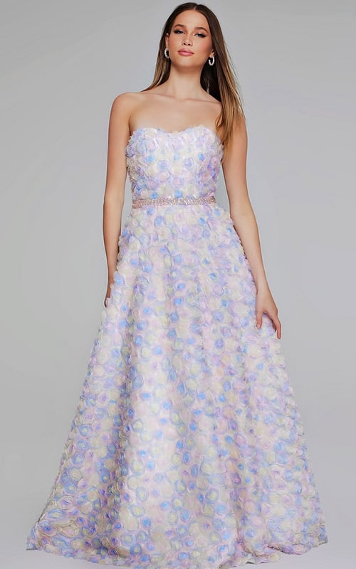 Model wearing K05939 multi-colored gown with floral appliqués, front view