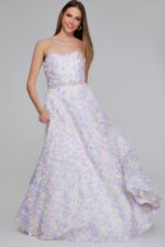 Model wearing K05939 multi-colored floor-length gown, front view