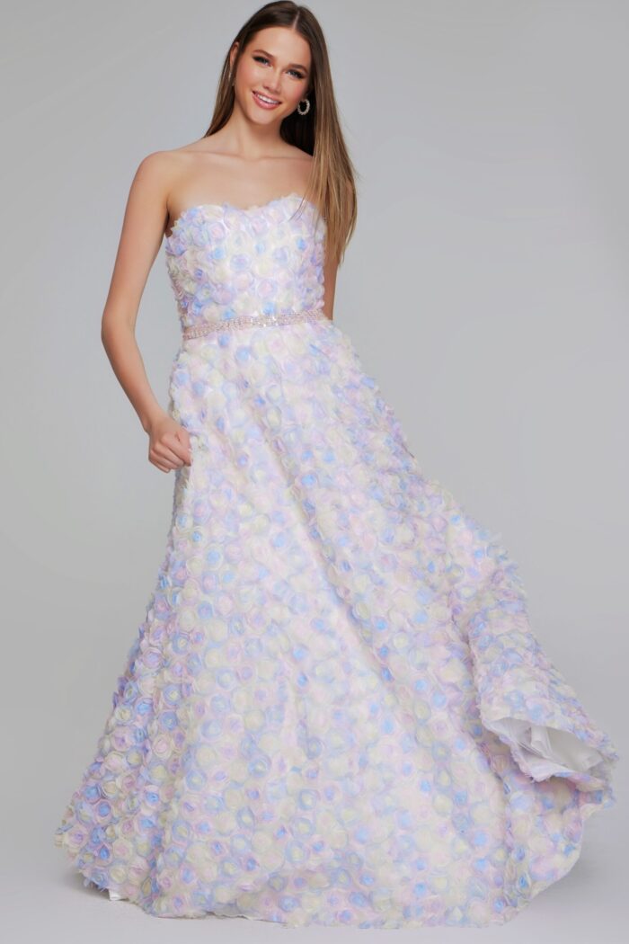 Model wearing K05939 multi-colored floor-length gown, front view