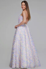 Model wearing K05939 multi-colored gown with lace-up back, side view
