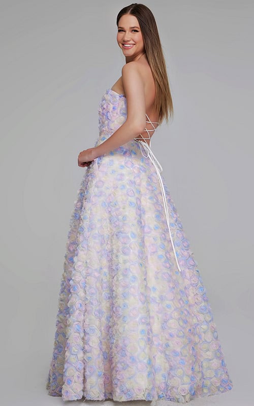 Model wearing K05939 multi-colored gown with lace-up back, side view