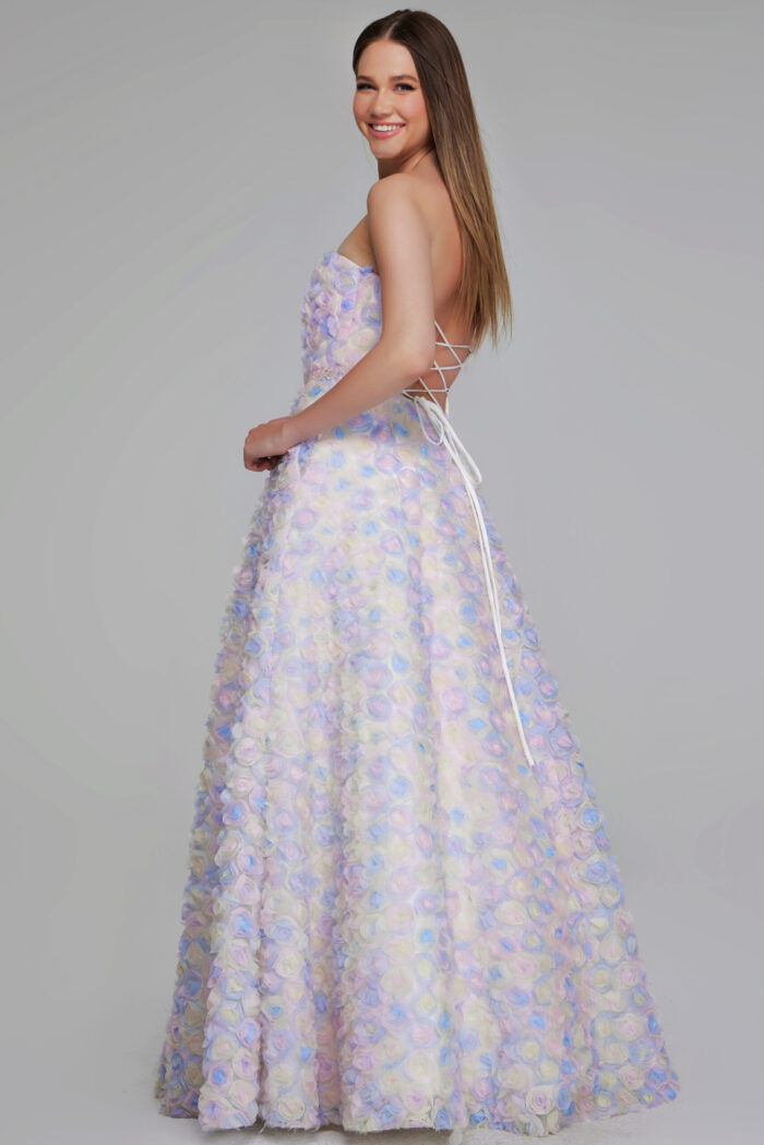 Model wearing K05939 multi-colored gown with lace-up back, side view