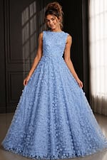 light blue floral applique a line gown with sleeveless high neck bodice