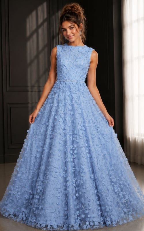light blue floral applique a line gown with sleeveless high neck bodice