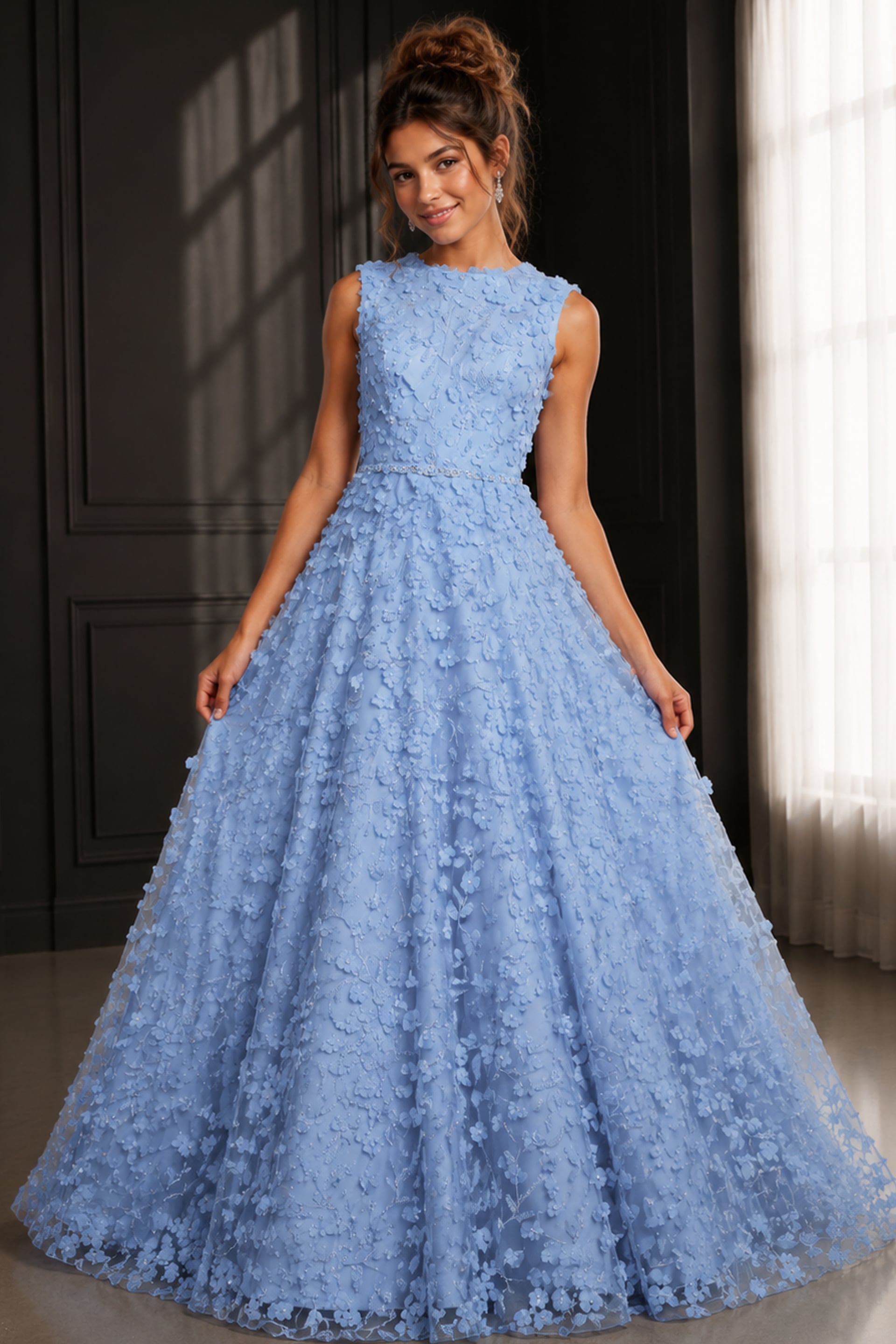 K07245-6 light blue floral applique a line gown with sleeveless high neck bodice