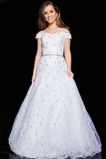 Model wearing Jovani K07282 white dress, front view with elegant detailing.