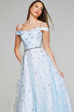 Jovani K07282 light blue dress, front view highlighting off-the-shoulder design.