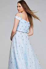 Jovani K07282 light blue dress, angled back view with detailed bodice.