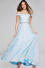 Model wearing Jovani K07282 light blue dress with off-the-shoulder neckline, front view.